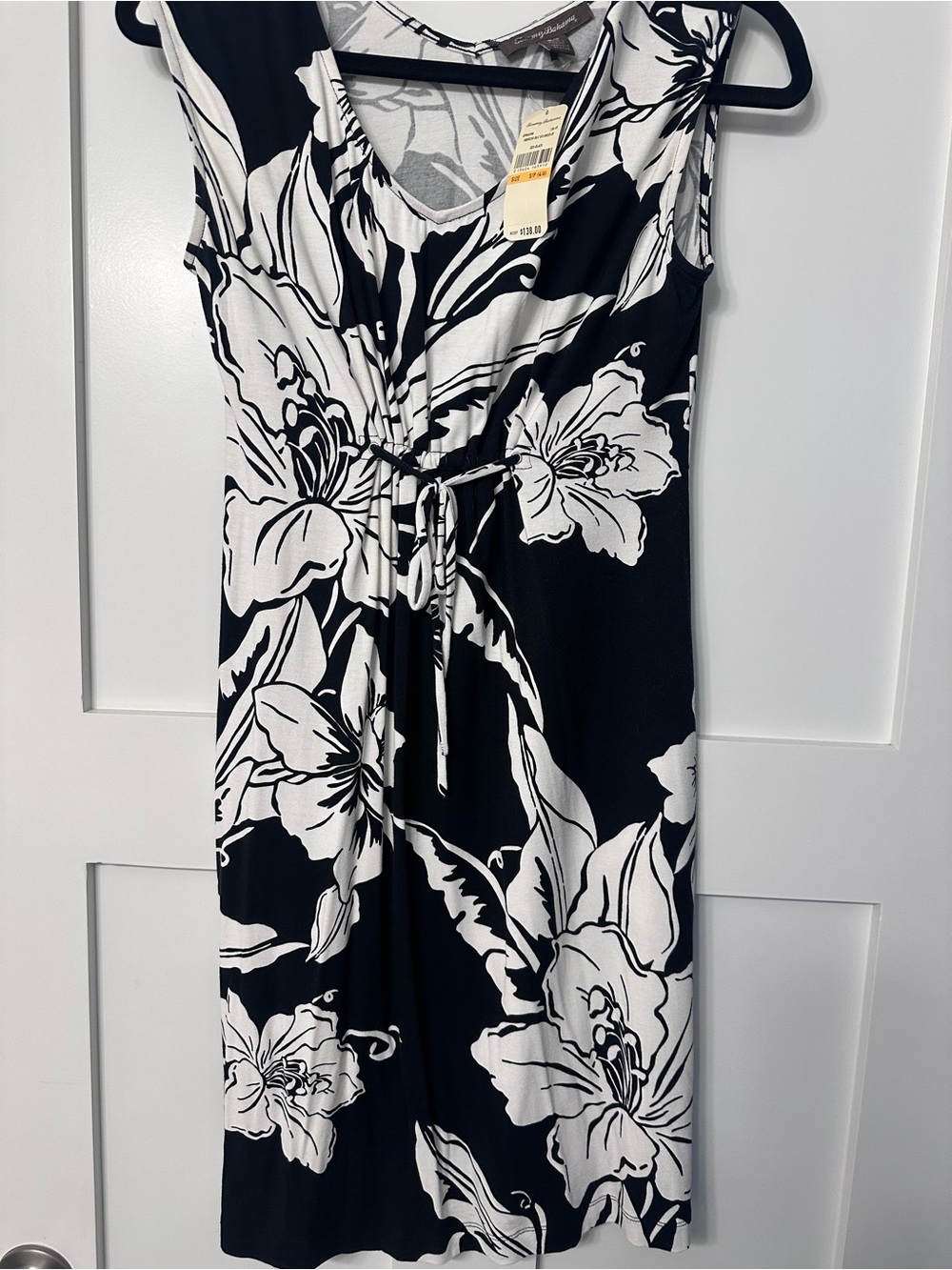 Tommy Bahama Black & White Floral Drawstring Midi Dress